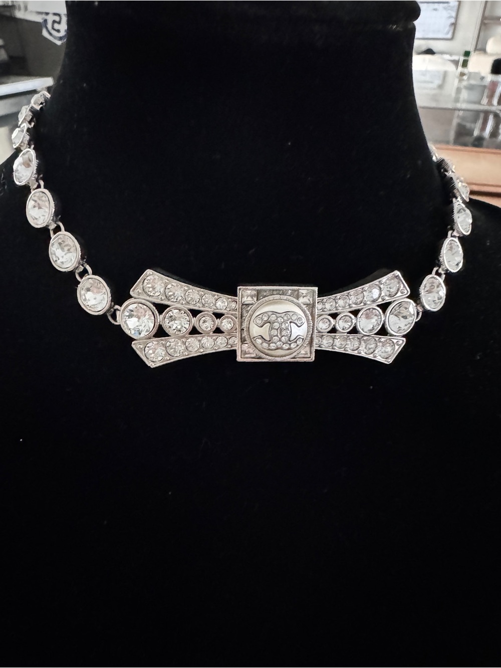 Chanel Crystal CC Logo Bowtie Choker Necklace Silver
